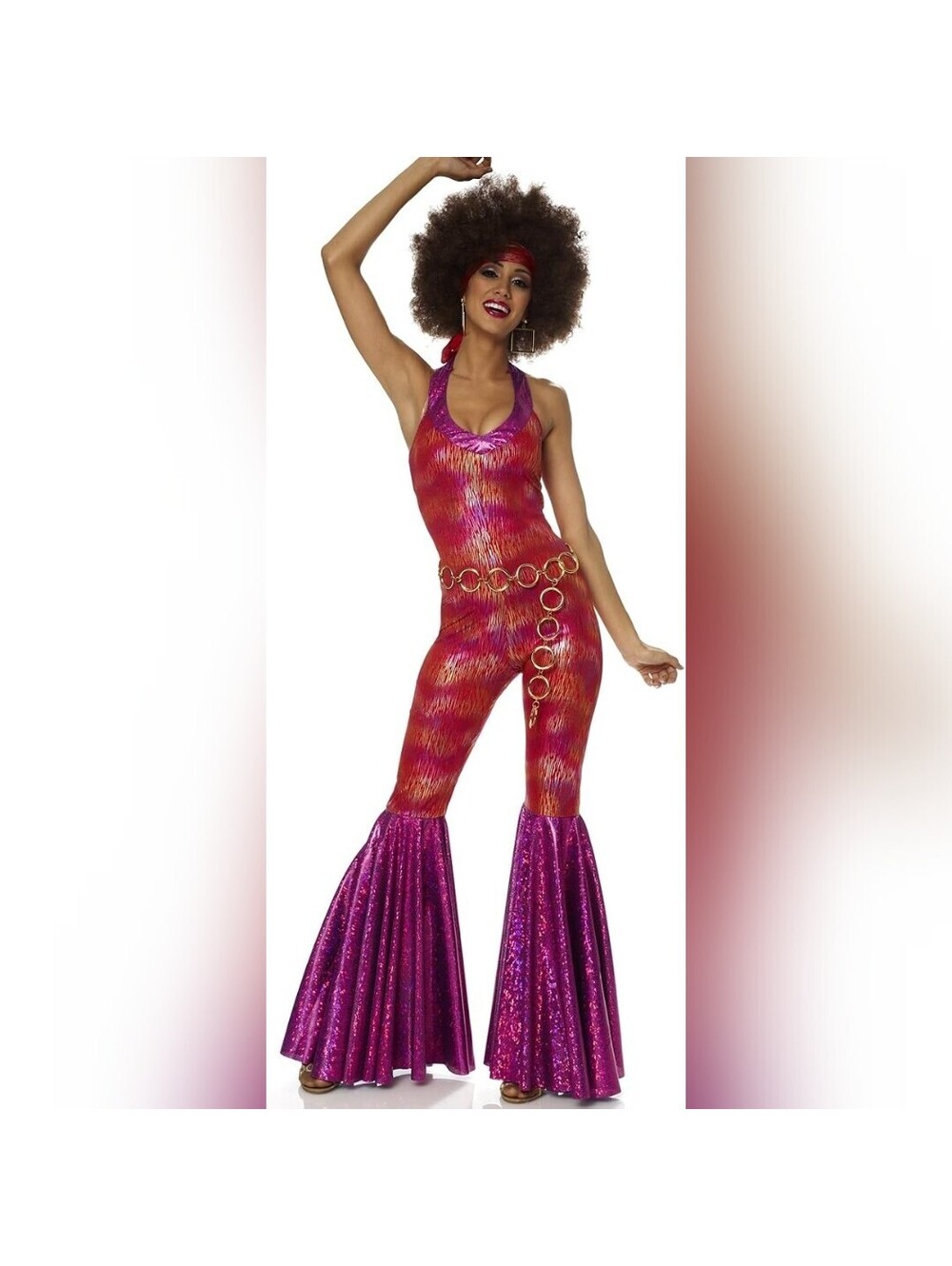 NIB Franco Women's 70s Disco Metallic Bell Bottom Jumpsuit Costume, Large